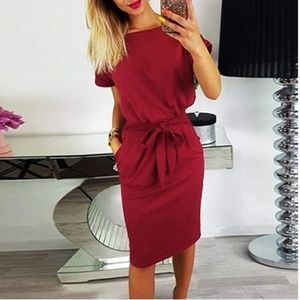 Short sleeve pencil dress with belt